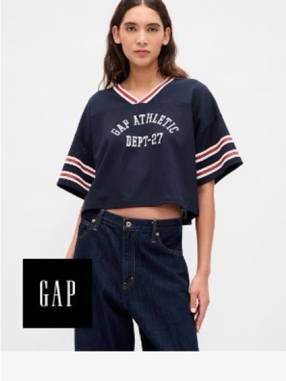 GAP Navy Cropped V-Neck Athletic Jersey Top with Red-White Trim